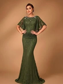 Serin Elegant Olive Green Lace Pearl Rhinestone Beaded Boat Neck Ruffle Ruched Bodycon Mermaid Train Mother Of The Bride Wedding Guest Summer Evening Gown - Olive Green - View 2