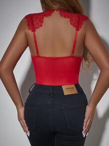 Allurite Women's Fashionable Sexy Hollow-Out Lace Bodysuit For New Year Holiday Party Night Out Going Out Clothes Red Summer - Red - View 2