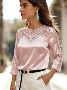 Medorina Women's Solid Color Round Neck Satin Elegant Blouse - Baby Pink - View 4
