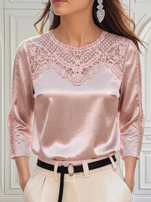 Medorina Women's Solid Color Round Neck Satin Elegant Blouse - Baby Pink - View 7