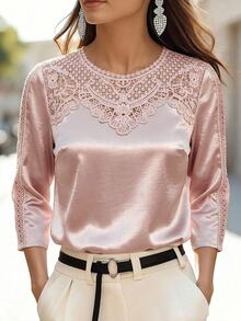 Medorina Women's Solid Color Round Neck Satin Elegant Blouse - Baby Pink - View 8