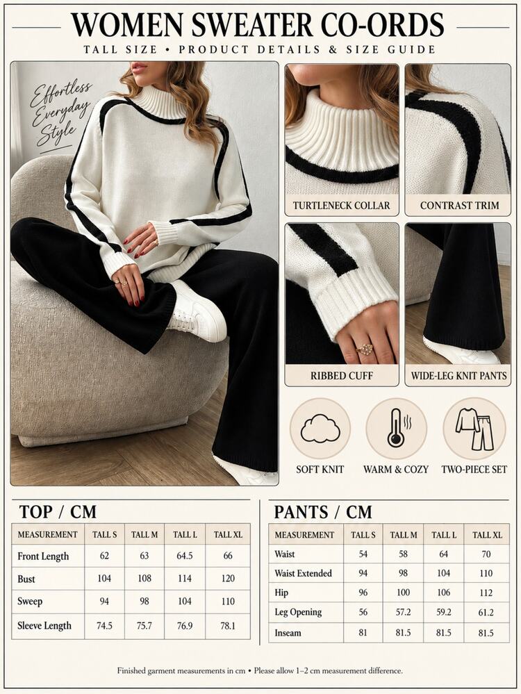 SHEIN طقم نسائي مقاس طويل بلون أسود وأبيض، كنزة محبوكة بياقة عالية وبنطال واسع الساق مع تفاصيل خطوط، كاجوال بسيط للخريف والاستخدام اليومي والسفر - الأسود - مشاهدة 3