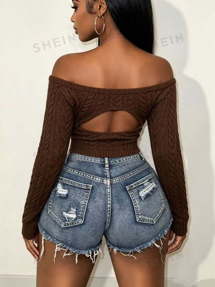 BamGleam Autumn Winter Off Shoulder Figure-Flattering Knit Top, Solid Color Backless Knitted Blouse Suitable For Party & Daily Wear