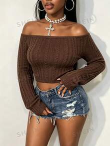BamGleam Autumn Winter Off Shoulder Figure-Flattering Knit Top, Solid Color Backless Knitted Blouse Suitable For Party & Daily Wear - Grey - View 4