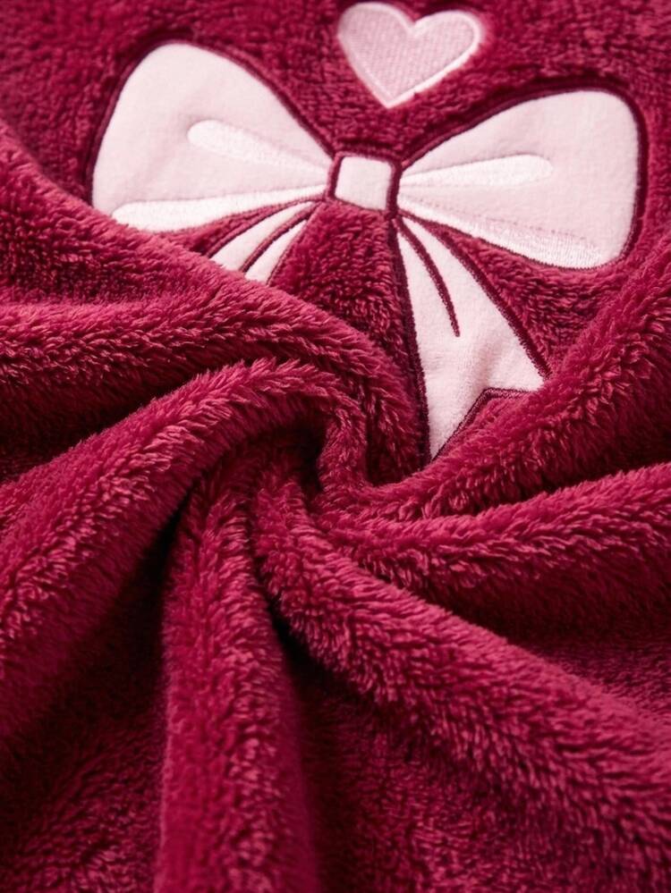 SHEIN Cottnline Burgundy Fuzzy Plush Cute Casual BOWHEART Embroidery Detail Round Neck Long Sleeved Shirt Paw Long Pants Homewear Sleep Comfort Pajama Set Winter - Burgundy - View 8