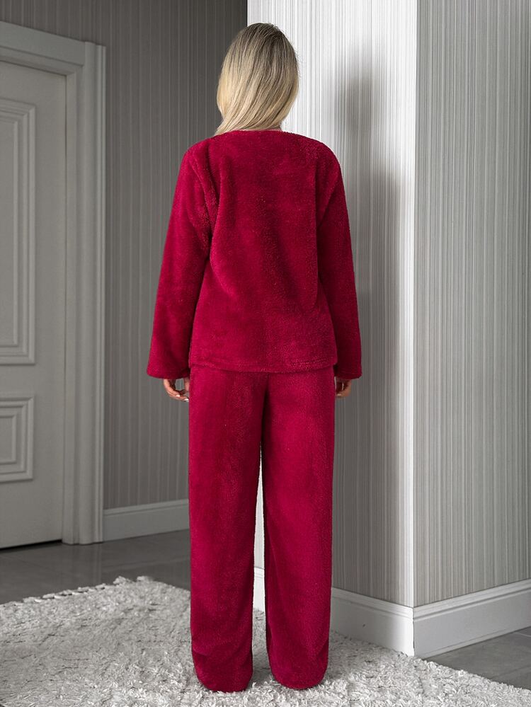 SHEIN Cottnline Burgundy Fuzzy Plush Cute Casual BOWHEART Embroidery Detail Round Neck Long Sleeved Shirt Paw Long Pants Homewear Sleep Comfort Pajama Set Winter - Burgundy - View 2