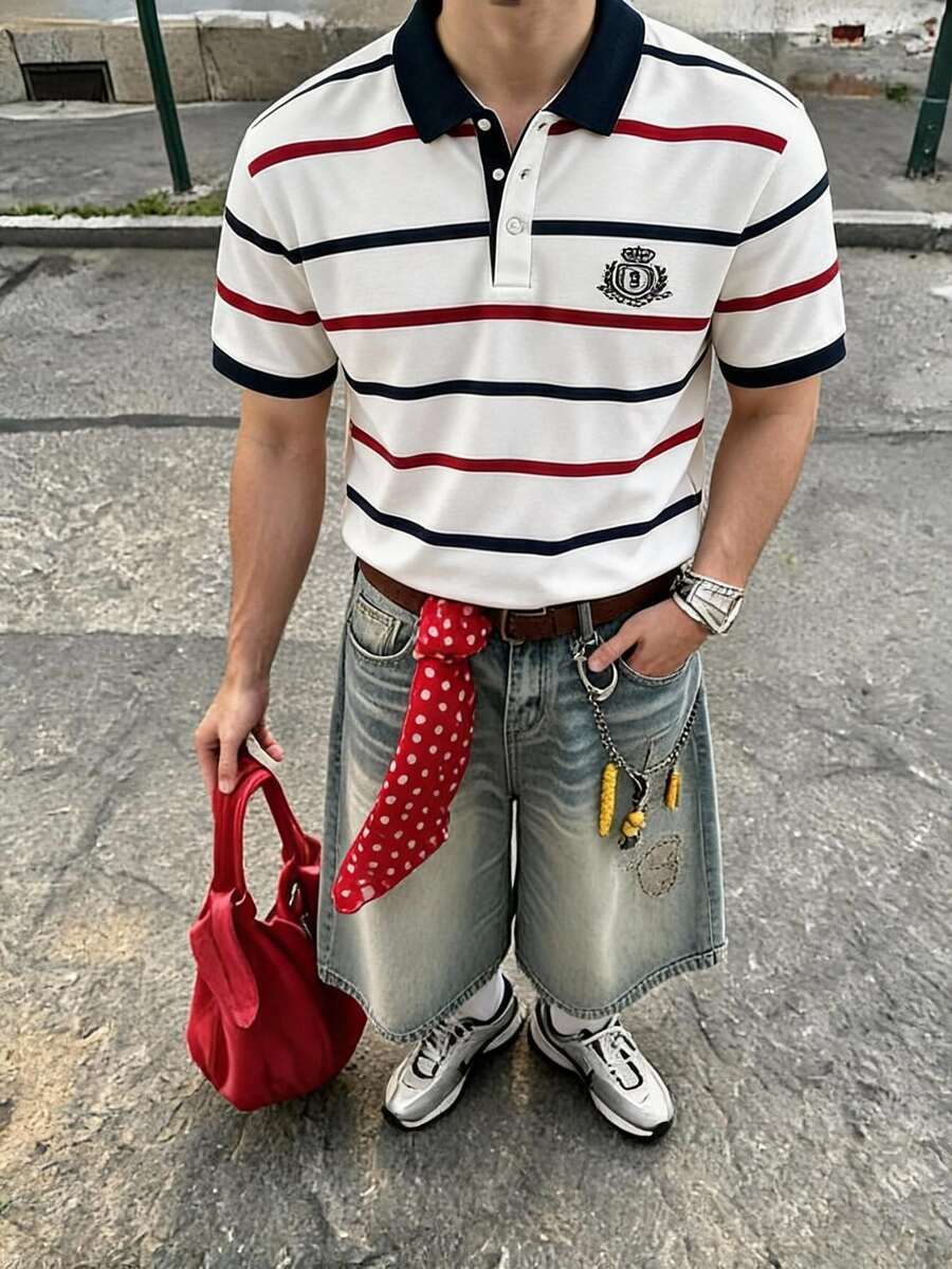 Resyla Men 男士字母印花休闲通勤条纹Polo衫 - 彩色 - 查看 1