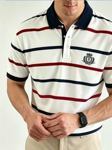 Resyla Men 男士字母印花休闲通勤条纹Polo衫 - 彩色 - 查看 3