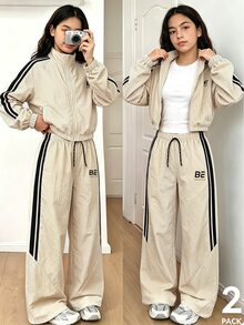 SHEIN Setelan Dua Potong Bergaya Kasual Hitam dengan Kerah Tegak dan Celana Panjang untuk Anak Perempuan yang Lebih Tua. - Khaki - View 1