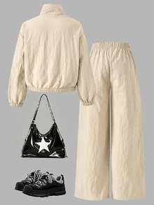 SHEIN Setelan Dua Potong Bergaya Kasual Hitam dengan Kerah Tegak dan Celana Panjang untuk Anak Perempuan yang Lebih Tua. - Khaki - View 2