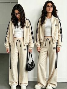 SHEIN Setelan Dua Potong Bergaya Kasual Hitam dengan Kerah Tegak dan Celana Panjang untuk Anak Perempuan yang Lebih Tua. - Khaki - View 5