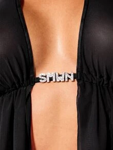 SUMWON WOMEN Atasan Babydoll Jala Leher Halter dengan Logo Rhinestone, Potongan V Dalam, Bagian Depan Terbuka, Bahan Transparan, Cocok untuk Pesta, Festival, Musim Panas, dan Pantai. - Hitam - View 3