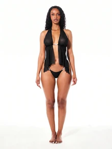 SUMWON WOMEN Atasan Babydoll Jala Leher Halter dengan Logo Rhinestone, Potongan V Dalam, Bagian Depan Terbuka, Bahan Transparan, Cocok untuk Pesta, Festival, Musim Panas, dan Pantai. - Hitam - View 4