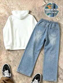 青少年男孩春季休閒街頭風白色淺藍字母火焰印花連帽衛衣寬腿褲兩件套校園學生裝 - 彩色 - 查看 2