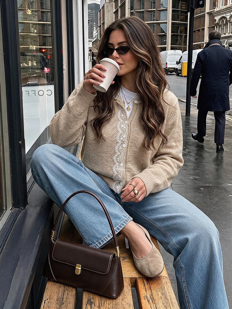 Serisse White Soft Brushed Lace-Detail Knit Cardigan With Delicate Openwork Front And Feminine Textured Finish - Beige - View 1