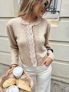 Serisse White Soft Brushed Lace-Detail Knit Cardigan With Delicate Openwork Front And Feminine Textured Finish - Beige - View 5