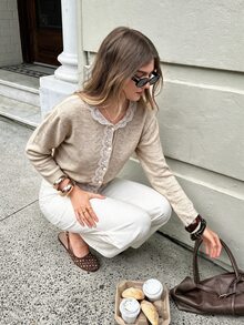 Serisse White Soft Brushed Lace-Detail Knit Cardigan With Delicate Openwork Front And Feminine Textured Finish - Beige - View 6