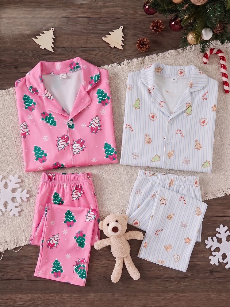 2pcs/Set Girls Casual Minimalist Cute Brown Vertical Striped Bow Christmas Gift Print Long Sleeve Cardigan And Pants Loungewear Pajama Set, Lazy Home Style, Best Gift For Girls - Baby Blue - View 11