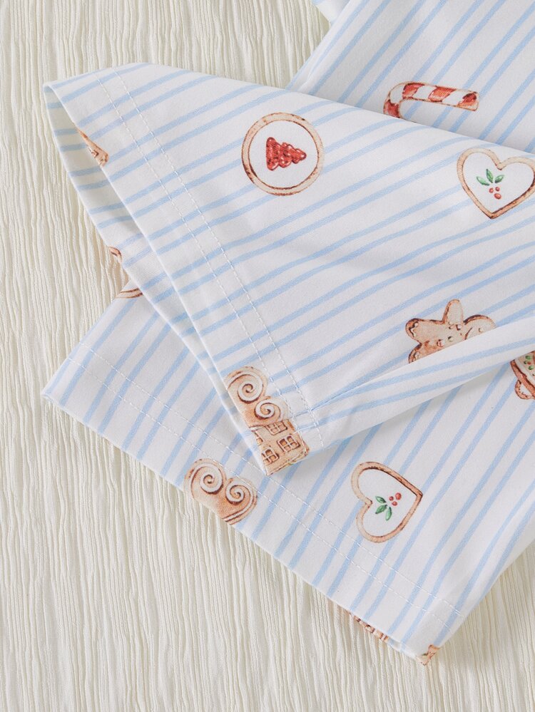 2pcs/Set Girls Casual Minimalist Cute Brown Vertical Striped Bow Christmas Gift Print Long Sleeve Cardigan And Pants Loungewear Pajama Set, Lazy Home Style, Best Gift For Girls - Baby Blue - View 10
