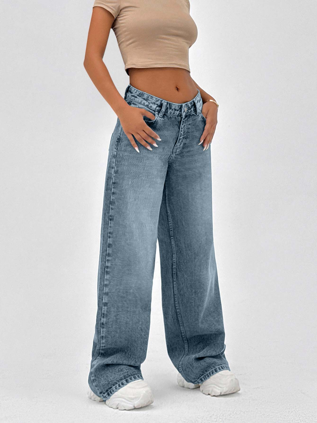 CasuGlow 100% Cotton LOW RISE WIDELEG CUT VINTAGE WASH Y2K BAGGY JEANS,Trousers - Baby Blue - View 1