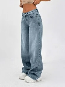 CasuGlow 100% Cotton LOW RISE WIDELEG CUT VINTAGE WASH Y2K BAGGY JEANS,Trousers - Baby Blue - View 4