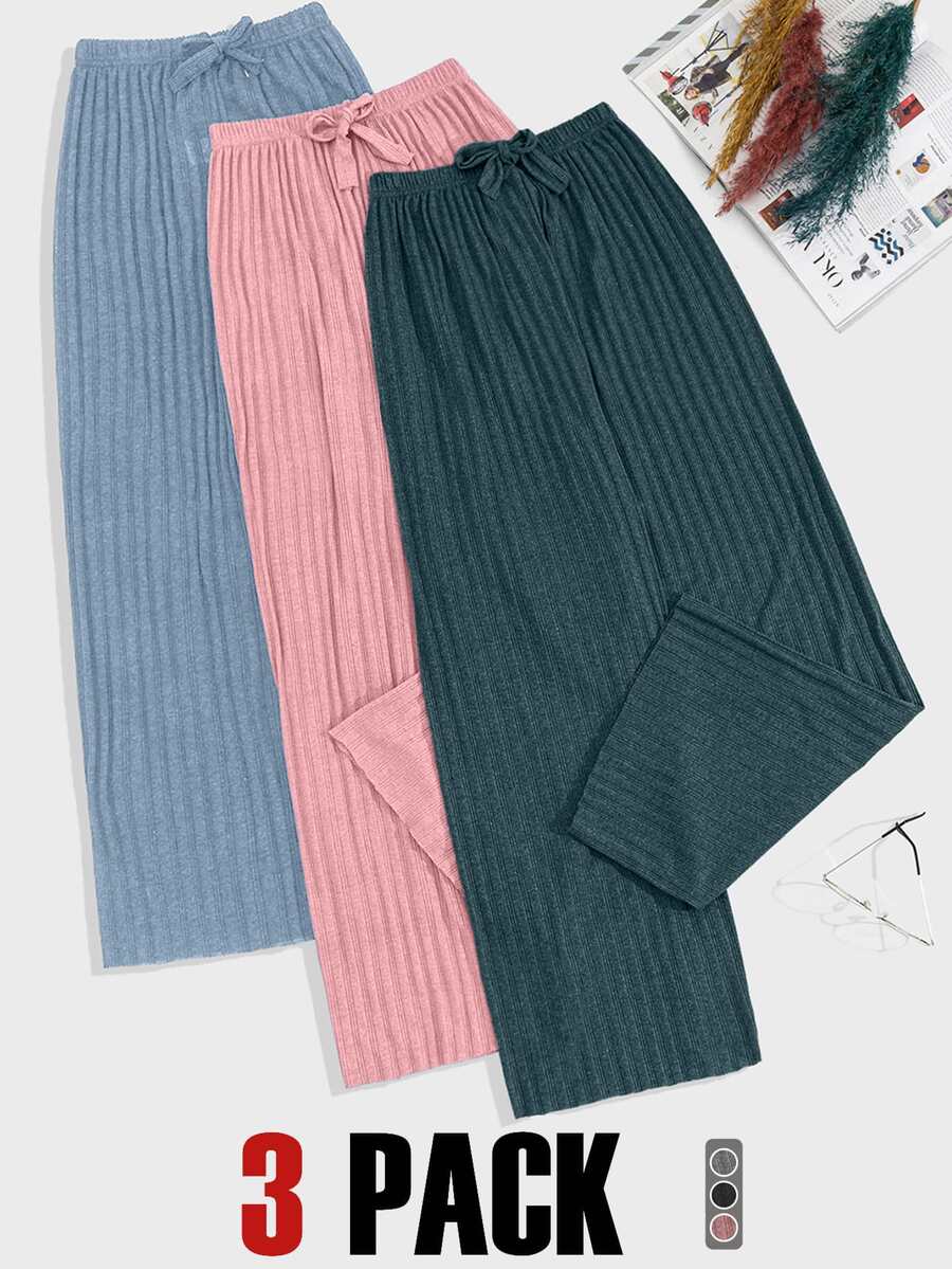 SHEIN TALL SIZE 3pcs Rib Knit Multicolour Fake Drawsting Detail Long Pants Homewear Comfort Casual Women Sleep Bottoms Set For Summer