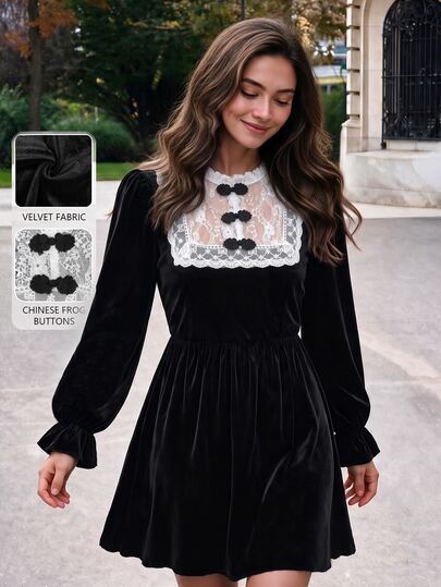 SHEIN Black Velvet Mini Dress Contrast Lace Panel Frog Button Puff Long Sleeve Flared Cuff A Line Short Dress, Elegant Goth Vintage Going Out Dress For Wome