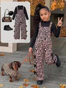 SHEIN Elladie kids ملابس صوفية للبنات المراهقات، أسلوب خريف/شتاء جديد، طباعة نمر عتيقة أنيقة باللون الأسود والوردي، تصميم جيب أمامي - متعدد الألوان - مشاهدة 1