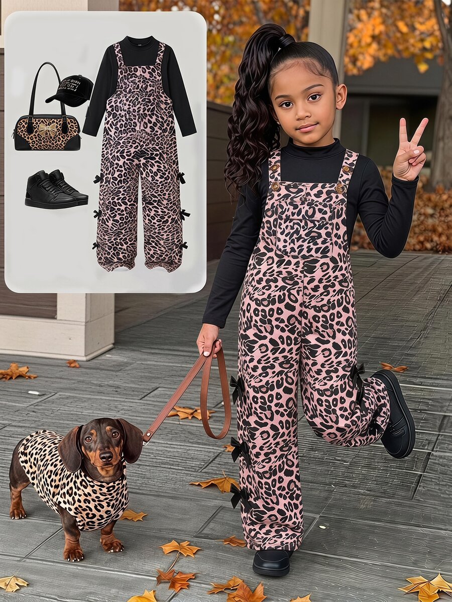 SHEIN Elladie kids ملابس صوفية للبنات المراهقات، أسلوب خريف/شتاء جديد، طباعة نمر عتيقة أنيقة باللون الأسود والوردي، تصميم جيب أمامي - متعدد الألوان - مشاهدة 1