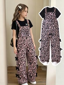 SHEIN Elladie kids ملابس صوفية للبنات المراهقات، أسلوب خريف/شتاء جديد، طباعة نمر عتيقة أنيقة باللون الأسود والوردي، تصميم جيب أمامي - متعدد الألوان - مشاهدة 2