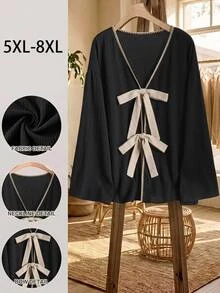 SHEIN CURVE+ Plus Size Women's V-Neck Bow Decor Casual Elegant Versatile Everyday Top Autumn Brunch Office Black - Black - View 6