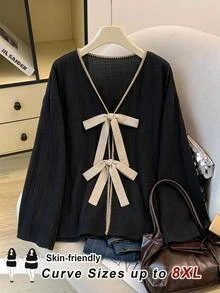 SHEIN CURVE+ Plus Size Women's V-Neck Bow Decor Casual Elegant Versatile Everyday Top Autumn Brunch Office Black - Black - View 1