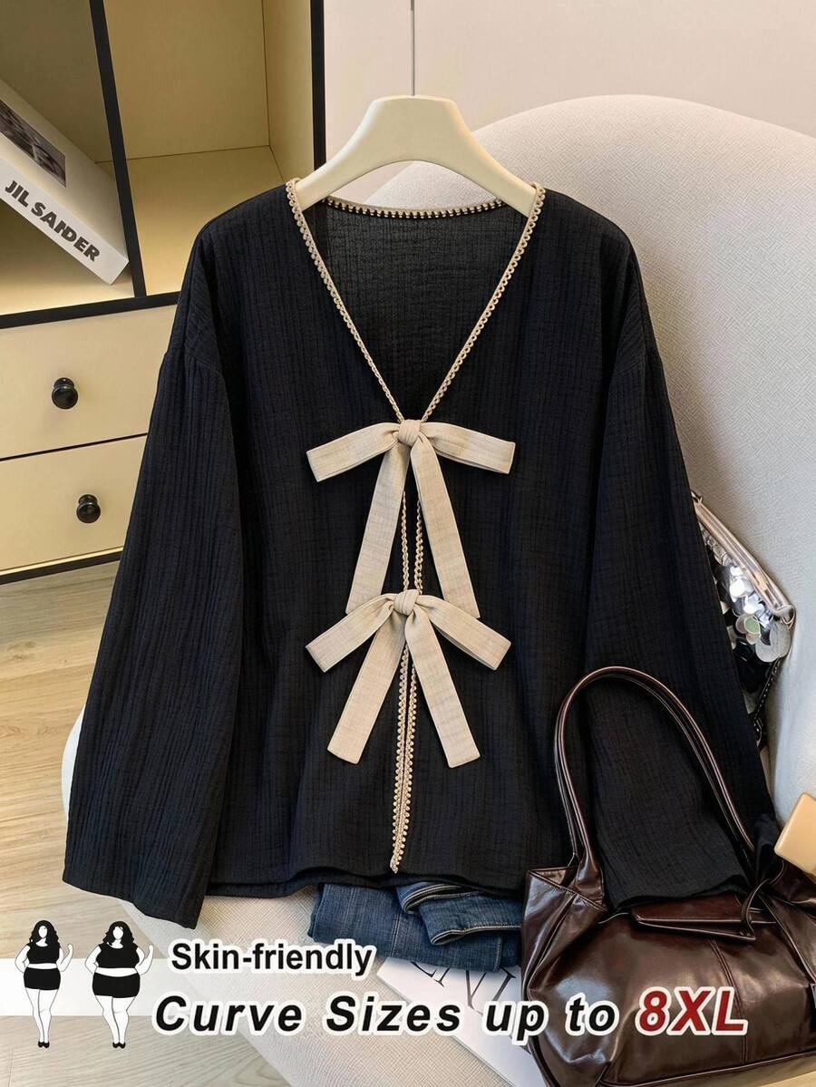 SHEIN CURVE+ Plus Size Women's V-Neck Bow Decor Casual Elegant Versatile Everyday Top Autumn Brunch Office Black - Black - View 1