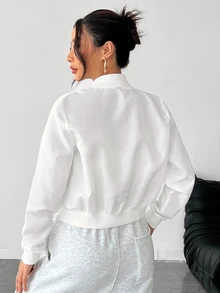 SHEIN PETITE Solid Zip Up Bomber Jacket In Fall/Winter - White - View 2