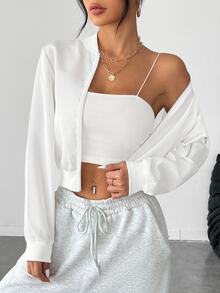 SHEIN PETITE Solid Zip Up Bomber Jacket In Fall/Winter - White - View 6