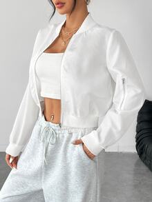 SHEIN PETITE Solid Zip Up Bomber Jacket In Fall/Winter - White - View 1