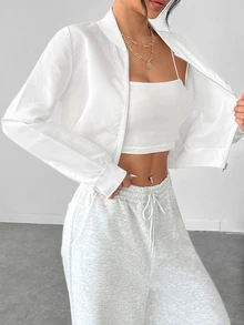 SHEIN PETITE Solid Zip Up Bomber Jacket In Fall/Winter - White - View 5