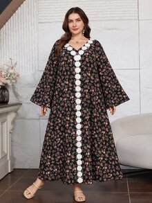 Lacomfia Plus Size Women Ditsy Floral Dress V Neck Black Lace Trim Long Sleeve Loose Modest Boho Elegant Autumn Muslim Kaftan Formal High Tea Evening Party - Multicolor - View 3