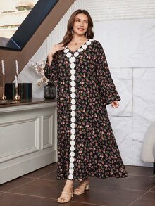 Lacomfia Plus Size Women Ditsy Floral Dress V Neck Black Lace Trim Long Sleeve Loose Modest Boho Elegant Autumn Muslim Kaftan Formal High Tea Evening Party - Multicolor - View 7