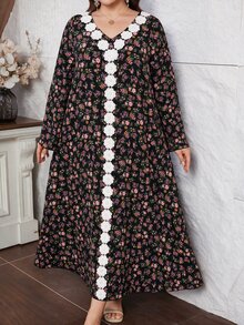 Lacomfia Plus Size Women Ditsy Floral Dress V Neck Black Lace Trim Long Sleeve Loose Modest Boho Elegant Autumn Muslim Kaftan Formal High Tea Evening Party - Multicolor - View 8