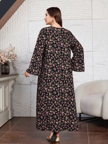 Lacomfia Plus Size Women Ditsy Floral Dress V Neck Black Lace Trim Long Sleeve Loose Modest Boho Elegant Autumn Muslim Kaftan Formal High Tea Evening Party - Multicolor - View 2