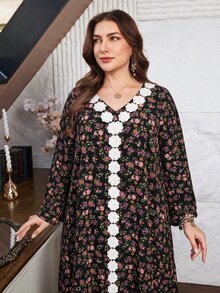 Lacomfia Plus Size Women Ditsy Floral Dress V Neck Black Lace Trim Long Sleeve Loose Modest Boho Elegant Autumn Muslim Kaftan Formal High Tea Evening Party - Multicolor - View 5