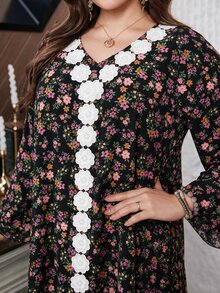 Lacomfia Plus Size Women Ditsy Floral Dress V Neck Black Lace Trim Long Sleeve Loose Modest Boho Elegant Autumn Muslim Kaftan Formal High Tea Evening Party - Multicolor - View 4