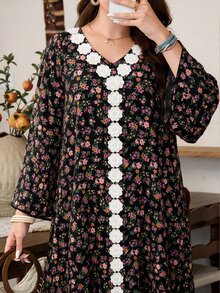 Lacomfia Plus Size Women Ditsy Floral Dress V Neck Black Lace Trim Long Sleeve Loose Modest Boho Elegant Autumn Muslim Kaftan Formal High Tea Evening Party - Multicolor - View 6