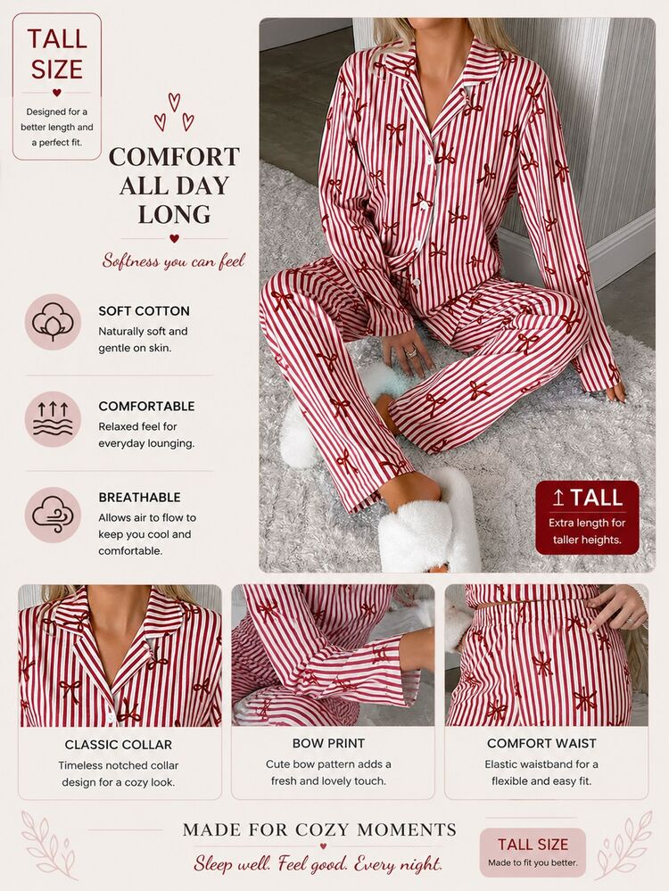 SHEIN TALL SIZE Women 2 Pcs Button Front With Striped&Bot Pattern Homewear Cute Pajama Set - Red - View 5