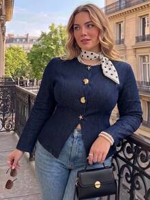 SHEIN MOD Jaket Slim Fit Leher Bulat Warna Biru Tua Ukuran Plus, Jaket Belahan Depan dengan Dekorasi Kancing Logam, Elegan untuk Beraktivitas, Gaya Urban Chic - Navy Blue - View 1