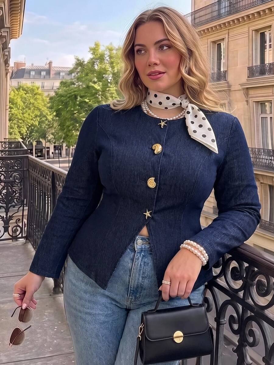 SHEIN MOD Jaket Slim Fit Leher Bulat Warna Biru Tua Ukuran Plus, Jaket Belahan Depan dengan Dekorasi Kancing Logam, Elegan untuk Beraktivitas, Gaya Urban Chic - Navy Blue - View 1