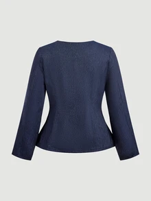 SHEIN MOD Jaket Slim Fit Leher Bulat Warna Biru Tua Ukuran Plus, Jaket Belahan Depan dengan Dekorasi Kancing Logam, Elegan untuk Beraktivitas, Gaya Urban Chic - Navy Blue - View 2
