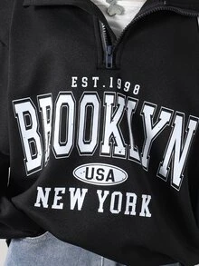 Tween Girls Letter Print Half Zip Sweatshirt Preppy Black Drop Shoulder Quarter Zip Pullover Top - Black - View 3
