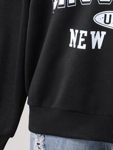 Tween Girls Letter Print Half Zip Sweatshirt Preppy Black Drop Shoulder Quarter Zip Pullover Top - Black - View 5
